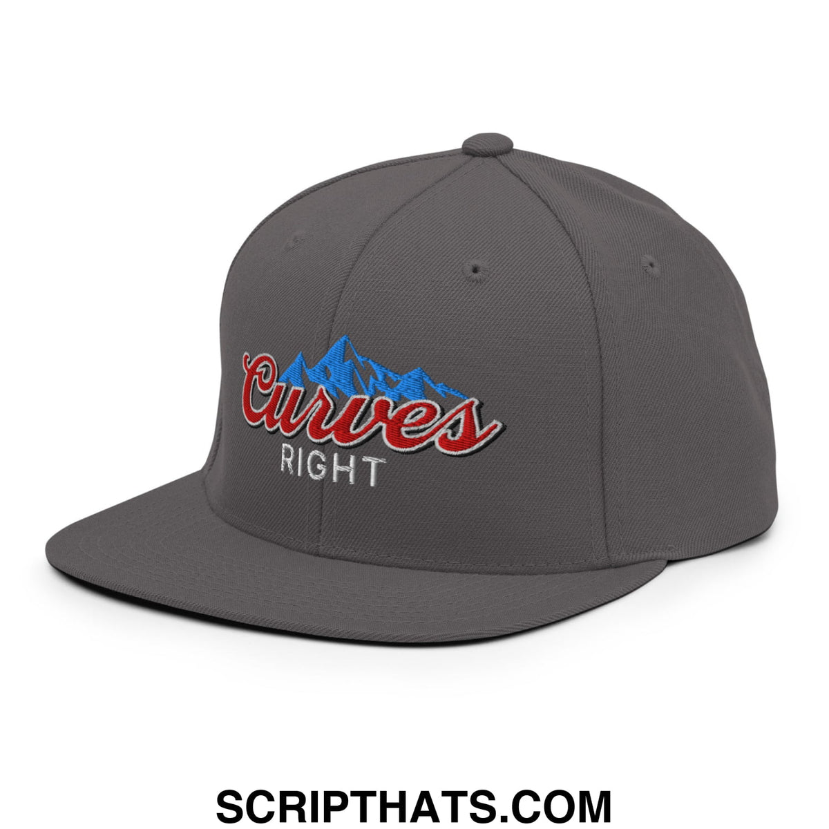 Gray snapback hat with embroidered curves right red script and blue mountain design featuring a flat bill brim