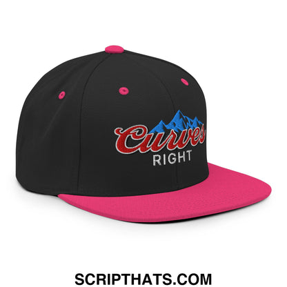 Black and pink snapback hat with flat bill brim and embroidered curves right logo in red script blue mountain outline and white text