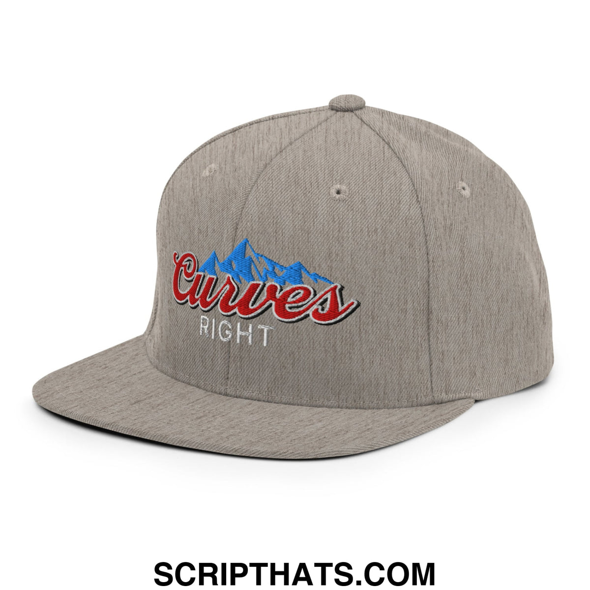 Gray snapback hat with flat bill brim featuring embroidered red curves right logo and blue mountain design
