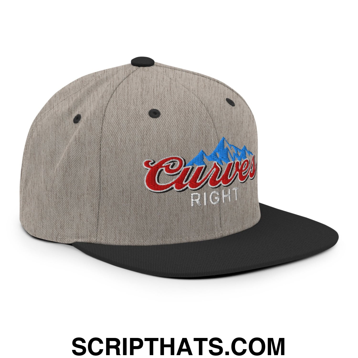 Curves Right Embroidered Flat Bill Brim Snapback Hat Heather Black