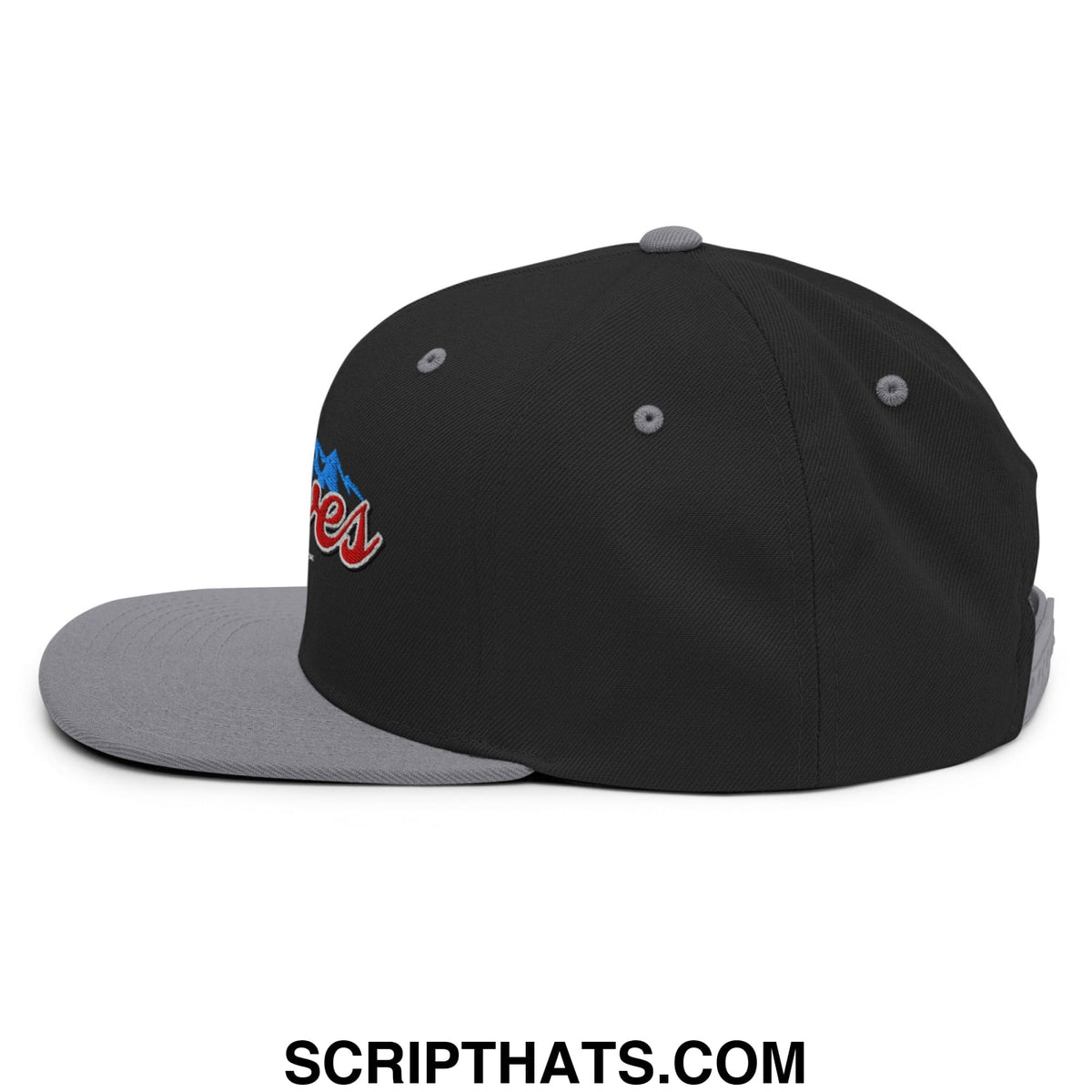 Black and gray snapback hat with blue and red embroidered Curves Right flat bill brim logo on the side