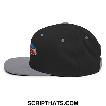 Black and gray snapback hat with blue and red embroidered Curves Right flat bill brim logo on the side