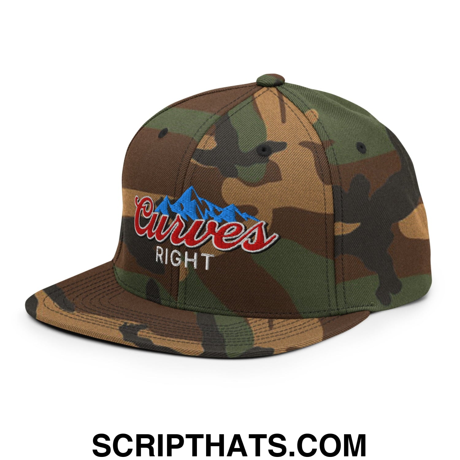 Curves Right Embroidered Flat Bill Brim Snapback Hat Green Camo