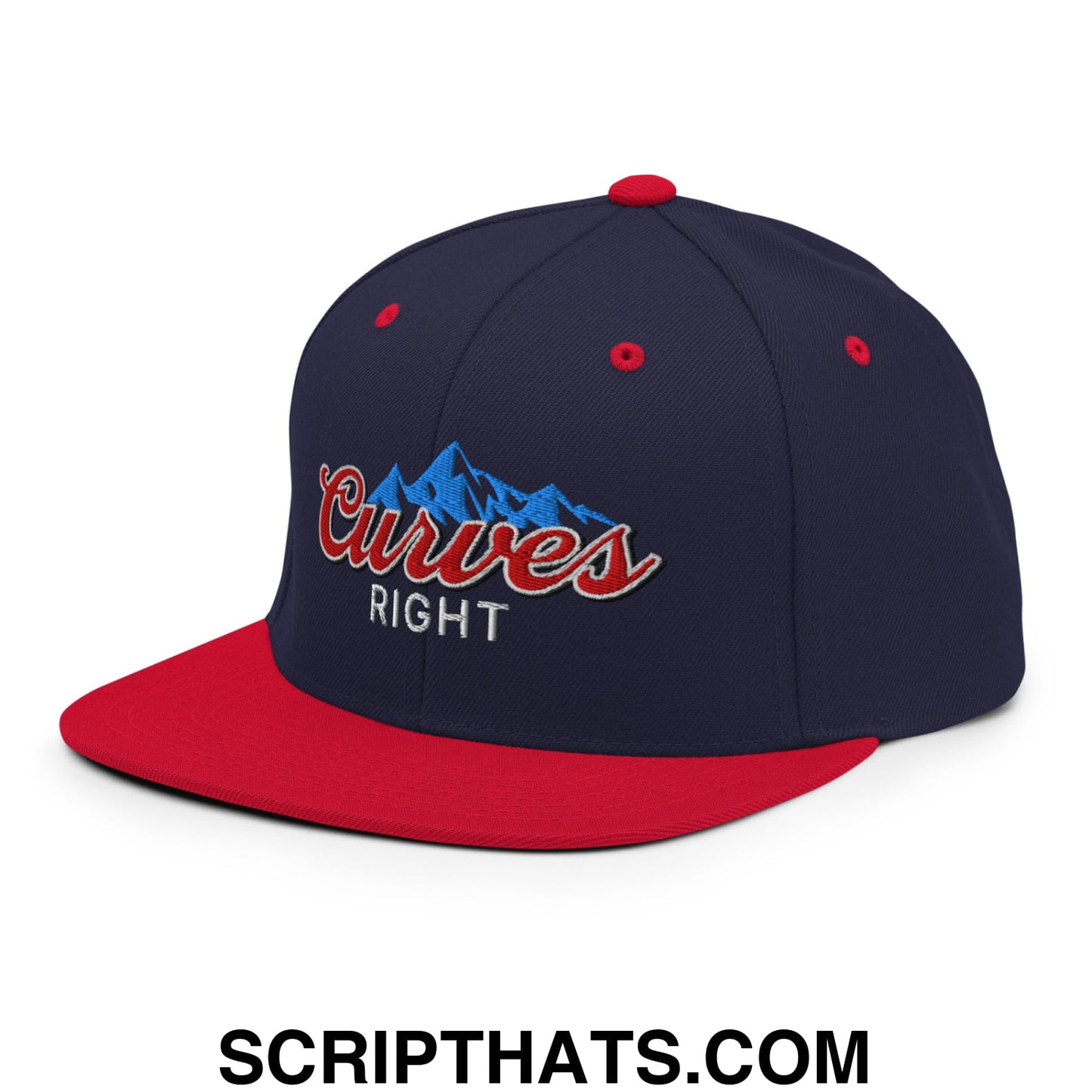 Curves Right Embroidered Flat Bill Brim Snapback Hat Navy Red