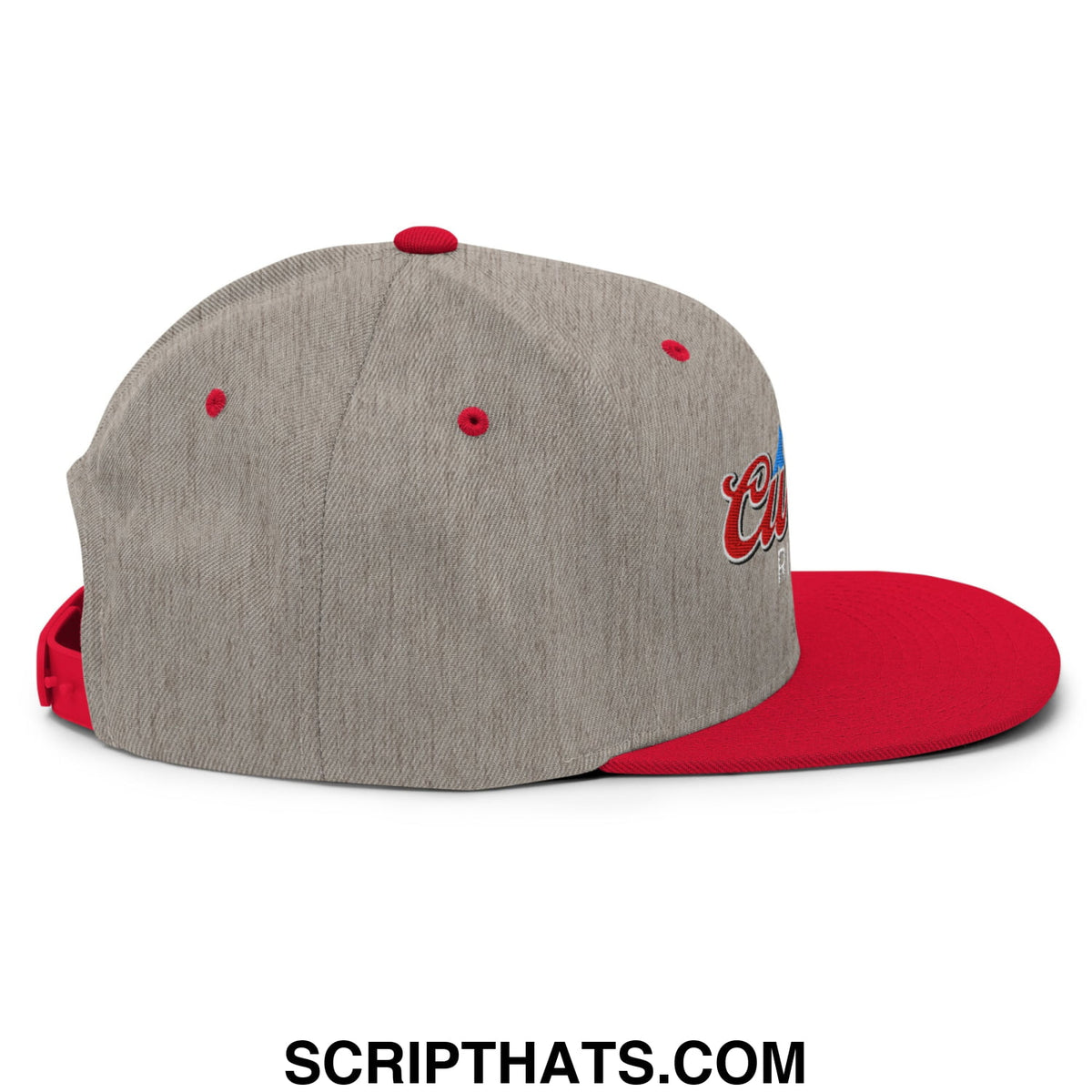 Curves right embroidered flat bill brim snapback hat with gray heathered crown red solid brim and script logo on side