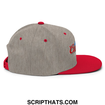 Curves right embroidered flat bill brim snapback hat with gray heathered crown red solid brim and script logo on side