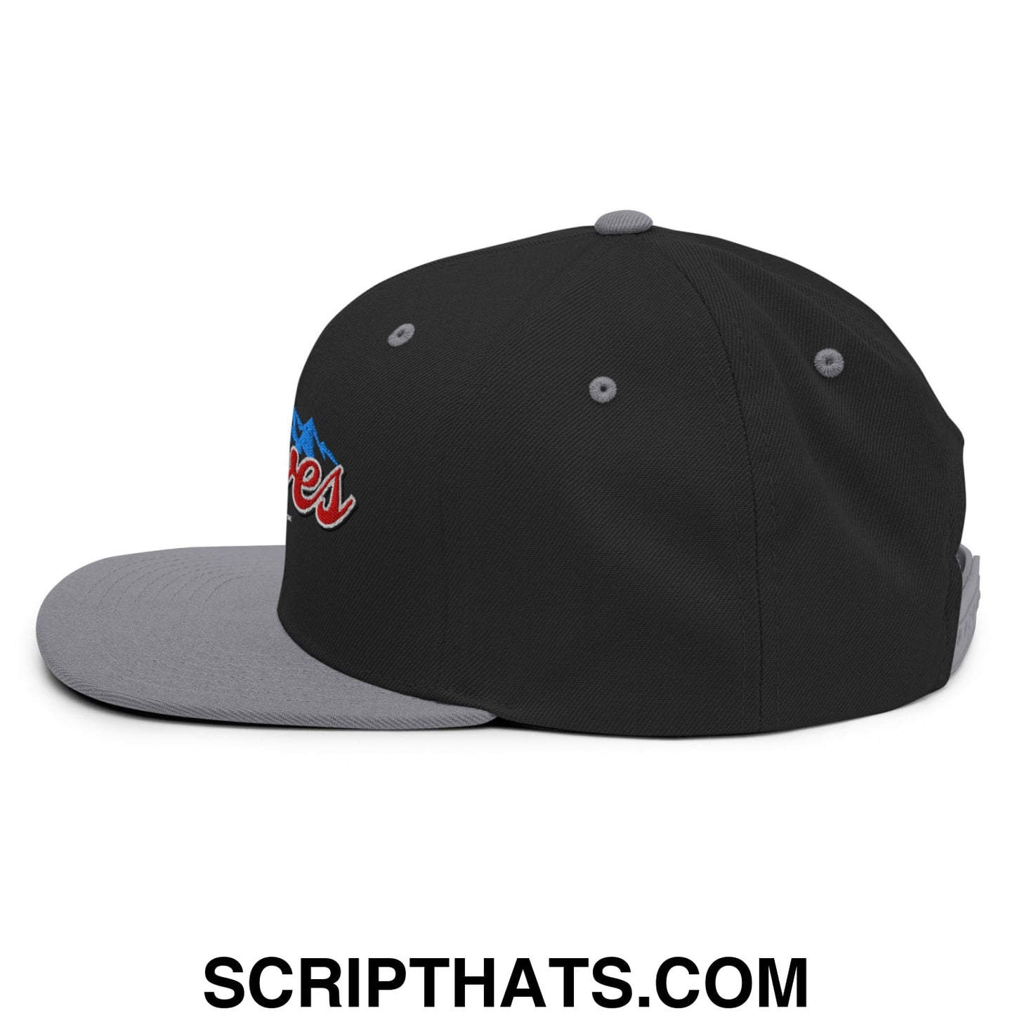 Curves Right Embroidered Flat Bill Brim Snapback Hat Black Silver