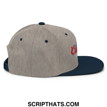 A heather gray and navy blue Curves Right snapback hat with a flat bill and red white and blue embroidered logo