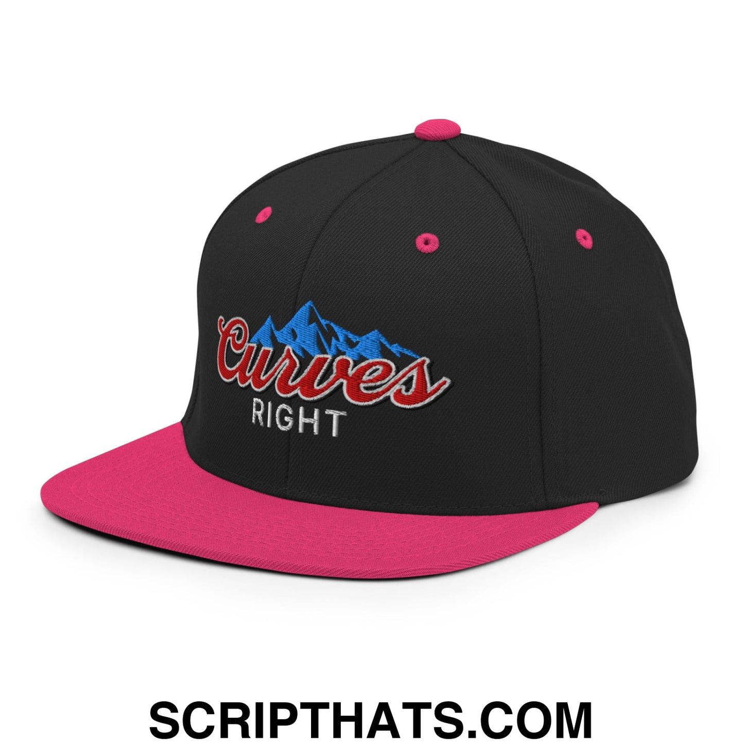 Curves Right Embroidered Flat Bill Brim Snapback Hat Black Neon Pink