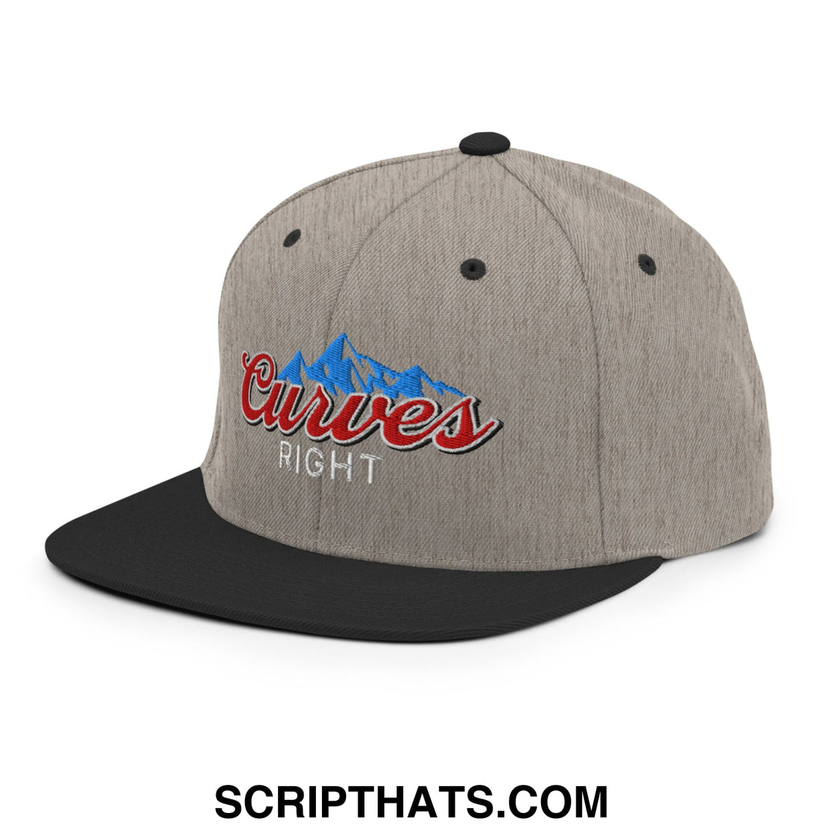 Gray and black snapback hat with embroidered curves right logo featuring blue mountain peaks above red script lettering