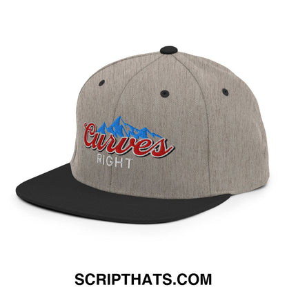 Gray and black snapback hat with embroidered curves right logo featuring blue mountain peaks above red script lettering