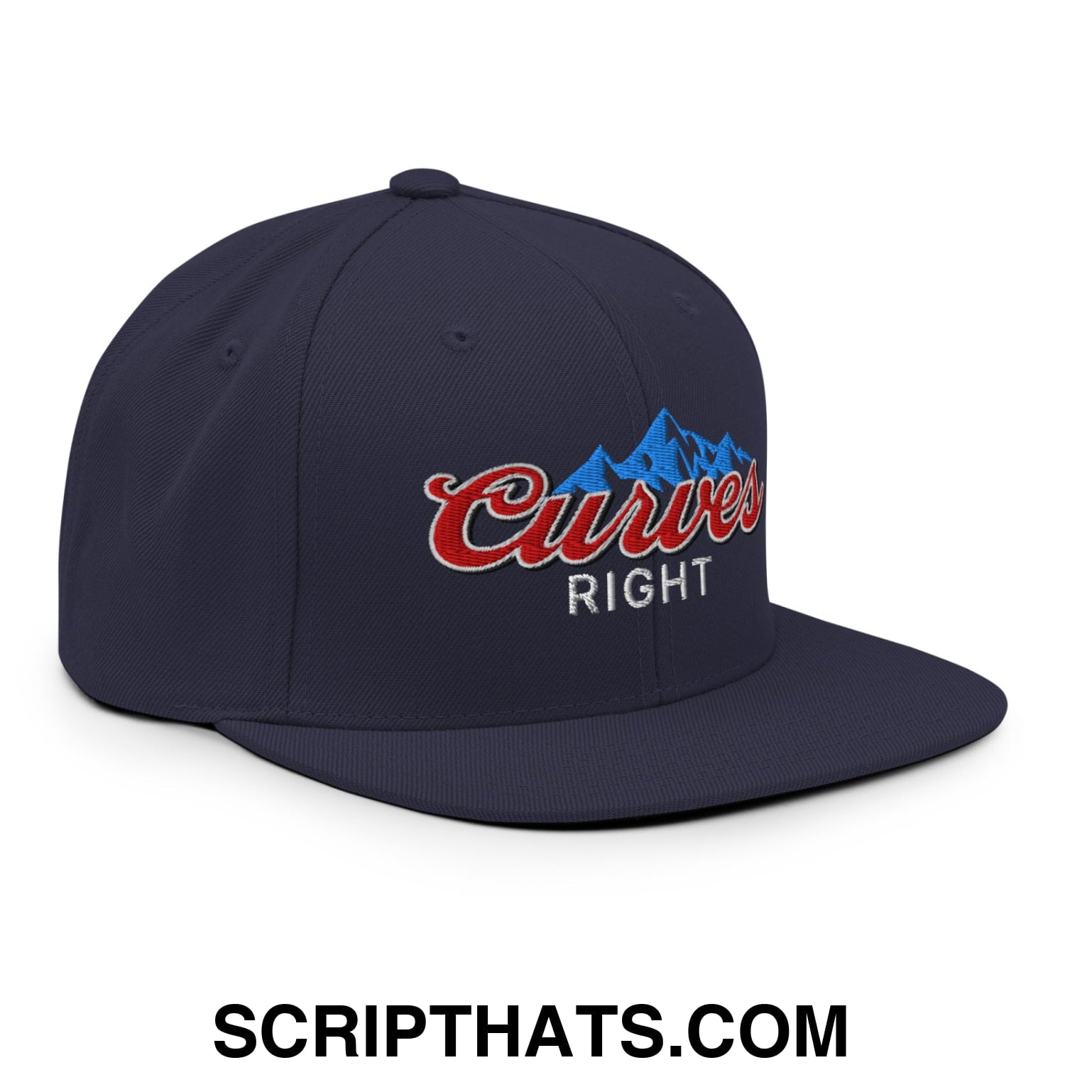 Curves Right Embroidered Flat Bill Brim Snapback Hat Navy