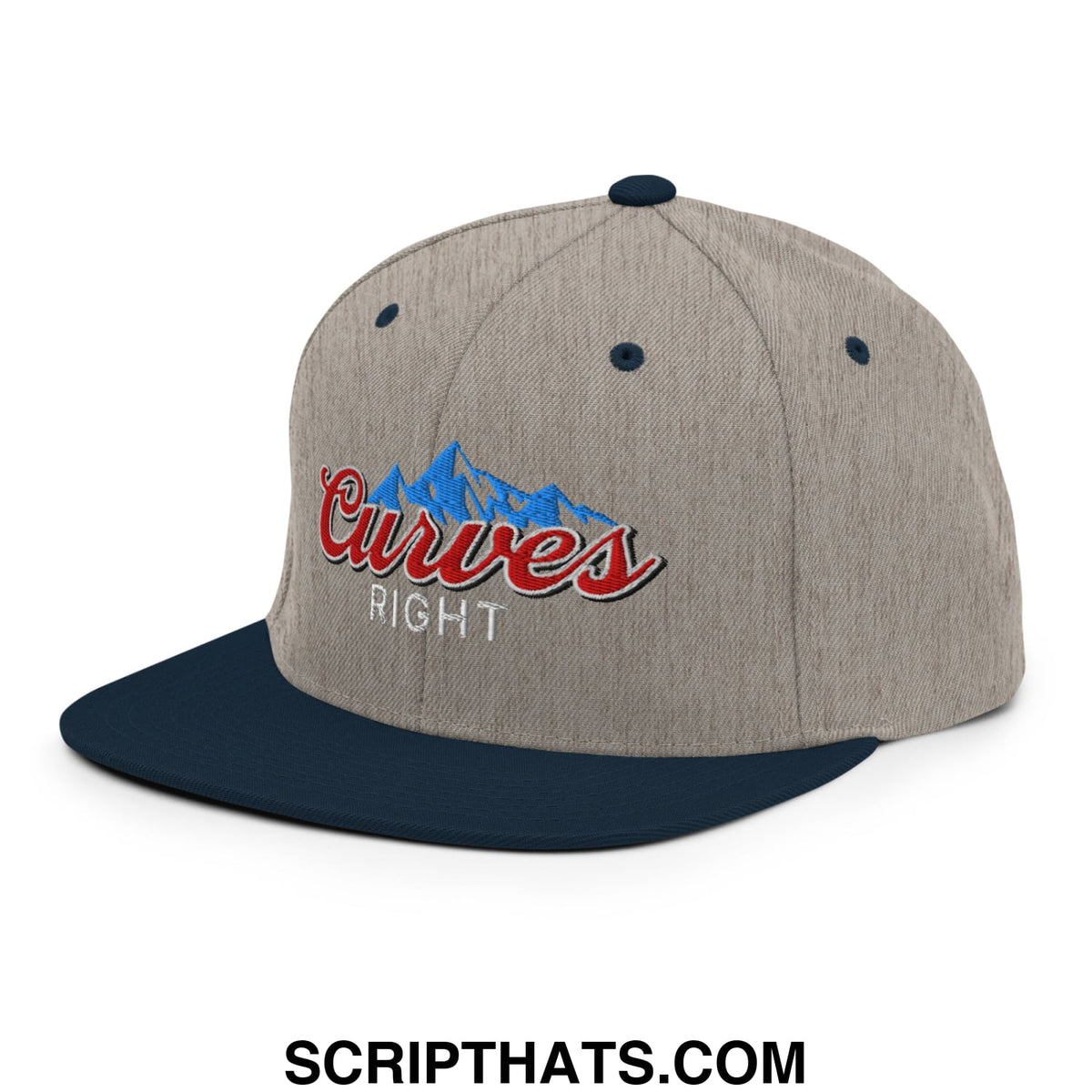 A heather gray snapback hat with navy blue brim and red curves right logo over blue mountain peaks embroidered