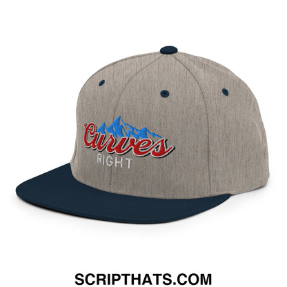 A heather gray snapback hat with navy blue brim and red curves right logo over blue mountain peaks embroidered