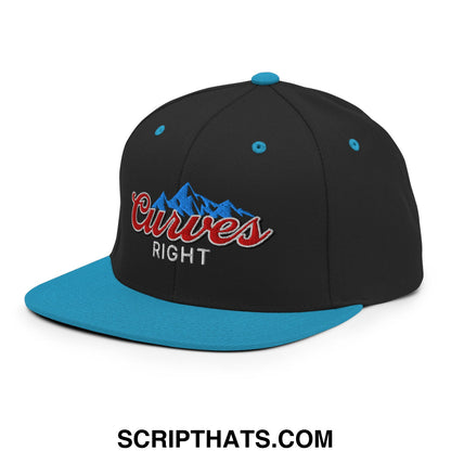 Black snapback cap with teal brim and button featuring red curves right logo embroidered over blue mountain design
