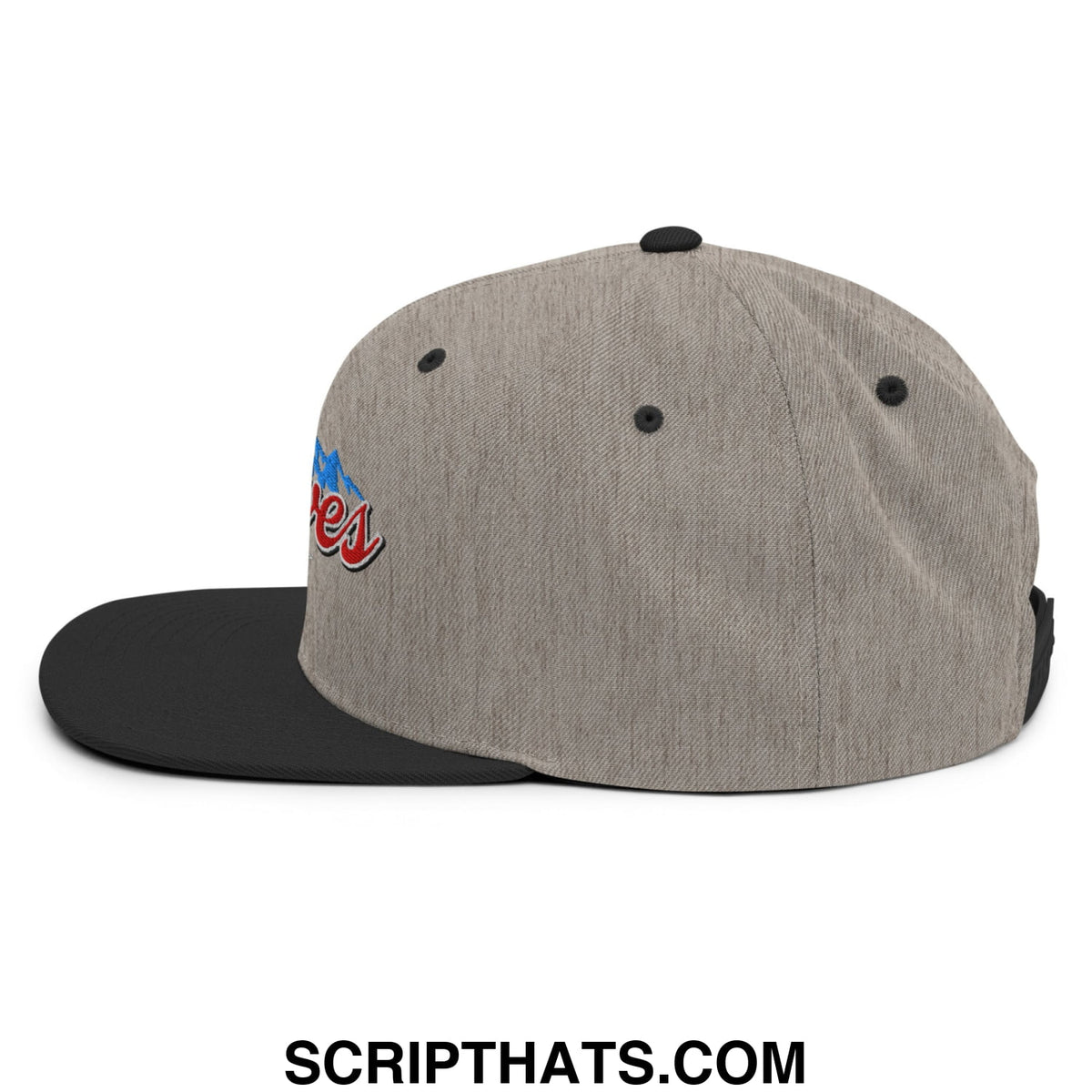 Gray heathered snapback hat with black flat bill brim and red embroidered curves right script logo