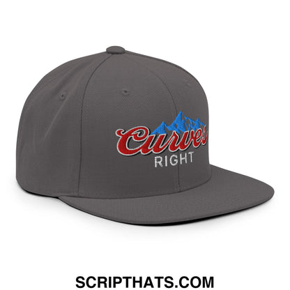 Gray snapback hat with flat bill brim featuring embroidered curves right logo in red script and blue mountain design