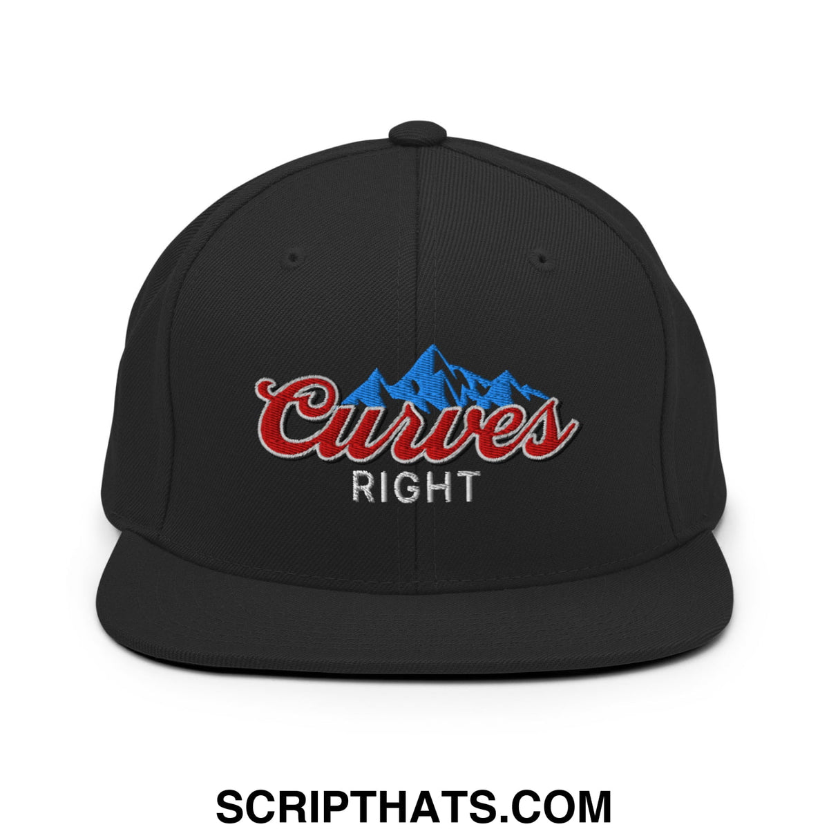 Black snapback hat with embroidered red and blue mountain logo and curves right text on flat bill brim