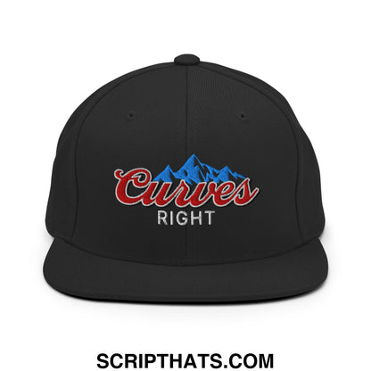 Black snapback hat with embroidered red and blue mountain logo and curves right text on flat bill brim