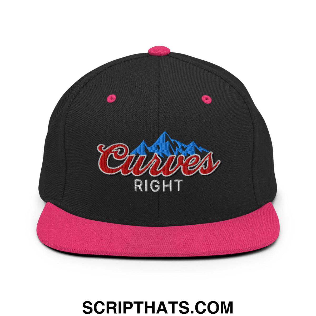 Curves right embroidered flat bill brim snapback hat black with vibrant pink brim and blue mountain logo
