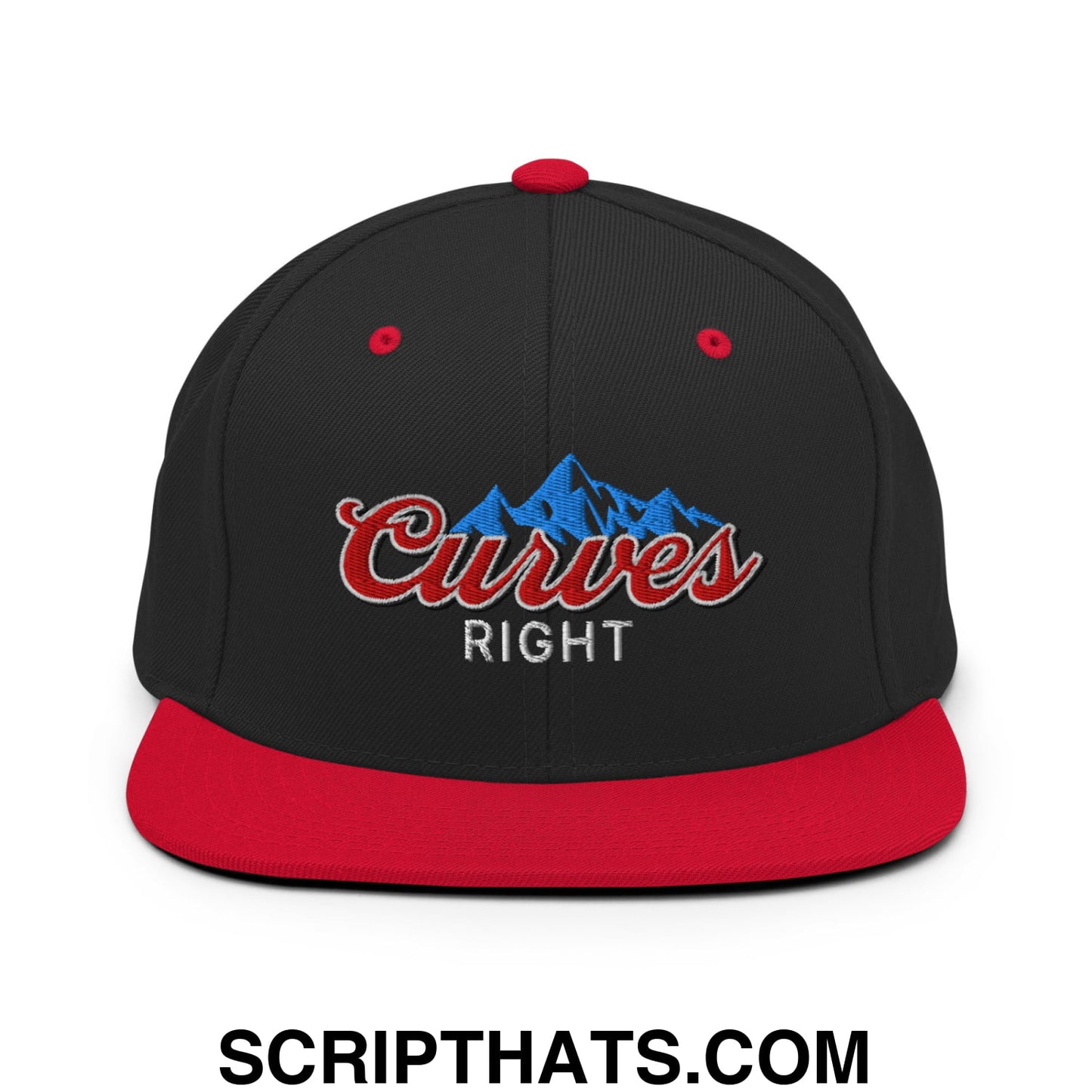 Curves Right Embroidered Flat Bill Brim Snapback Hat Black Red