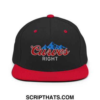 Black and red snapback hat with flat bill brim featuring embroidered curves right logo and blue mountains above text