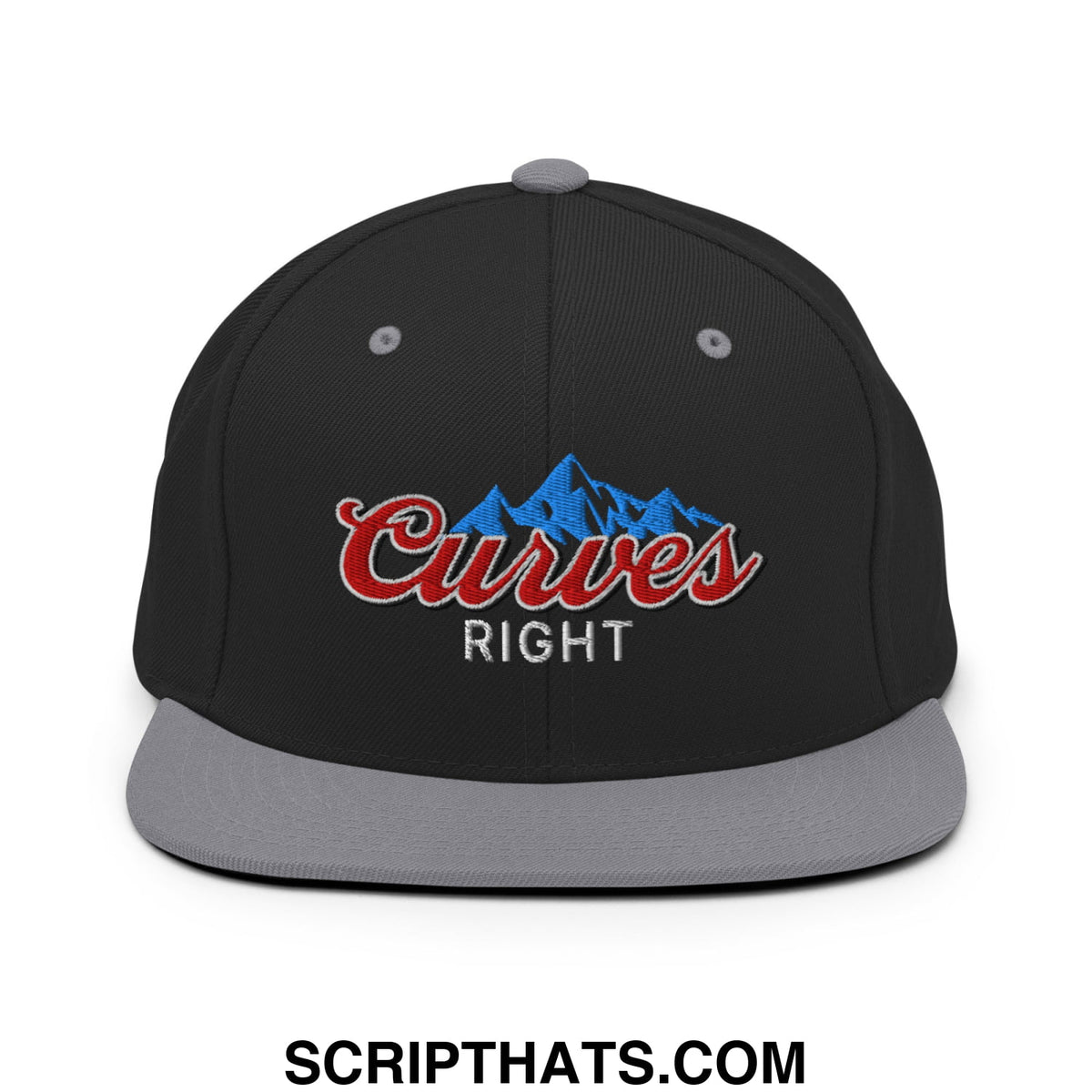 Black snapback cap with gray brim and red curves right embroidered logo over blue mountain design