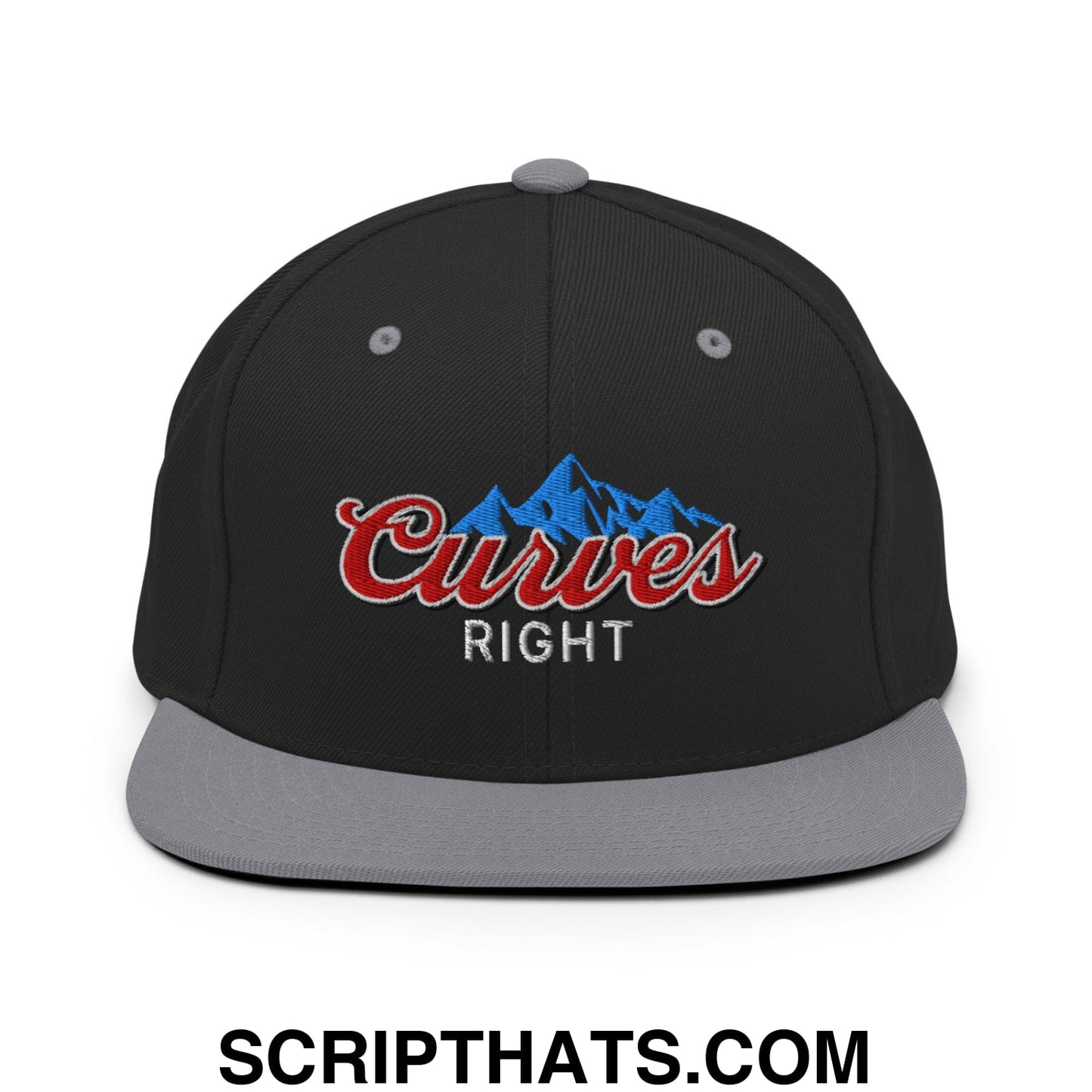Curves Right Embroidered Flat Bill Brim Snapback Hat Black Silver