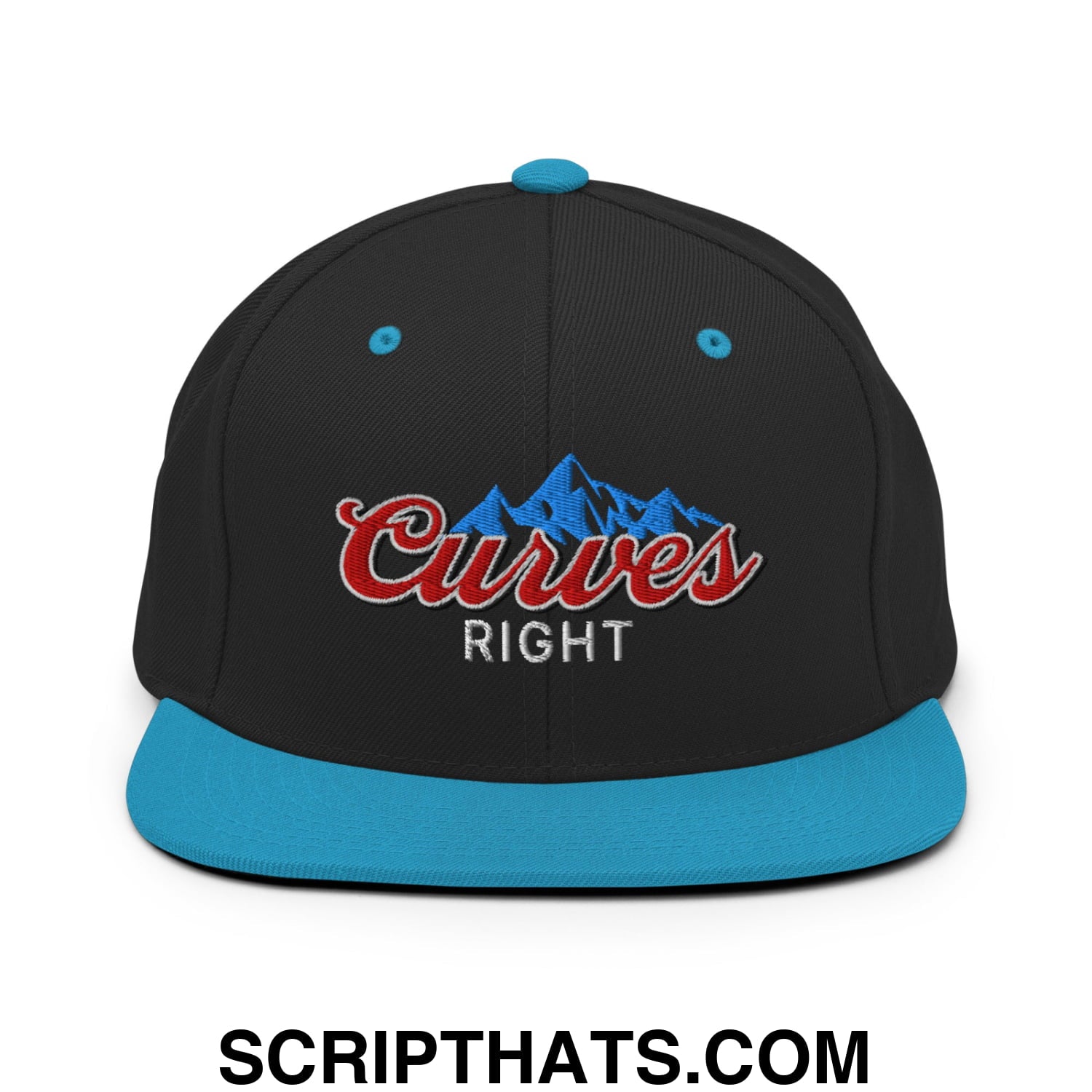 Curves Right Embroidered Flat Bill Brim Snapback Hat Black Teal