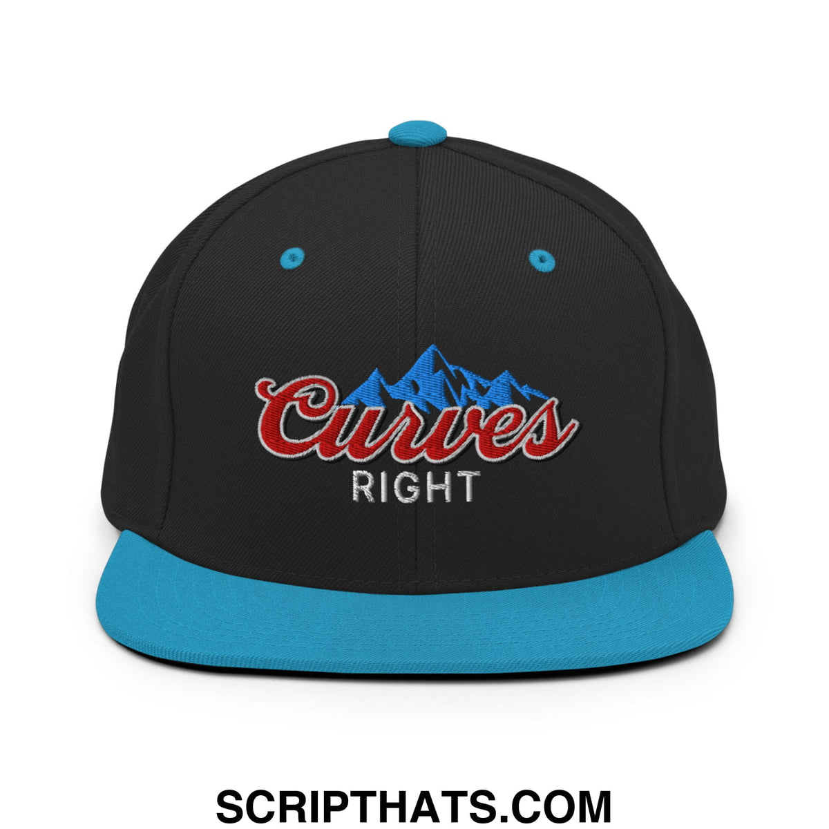 Black Curves Right snapback hat with teal brim and button featuring blue mountain logo and red white embroidered text