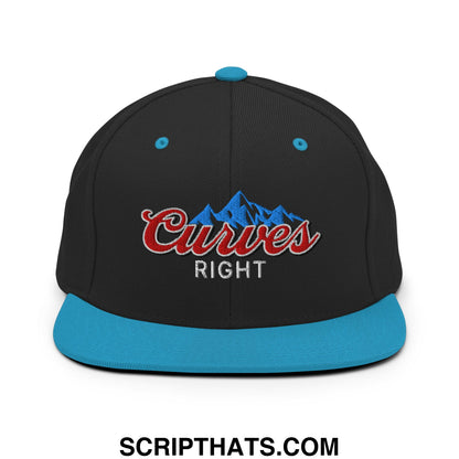 Black Curves Right snapback hat with teal brim and button featuring blue mountain logo and red white embroidered text