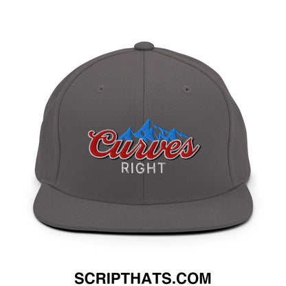 Gray snapback hat with embroidered curves right logo in red script and blue mountain design on front panel