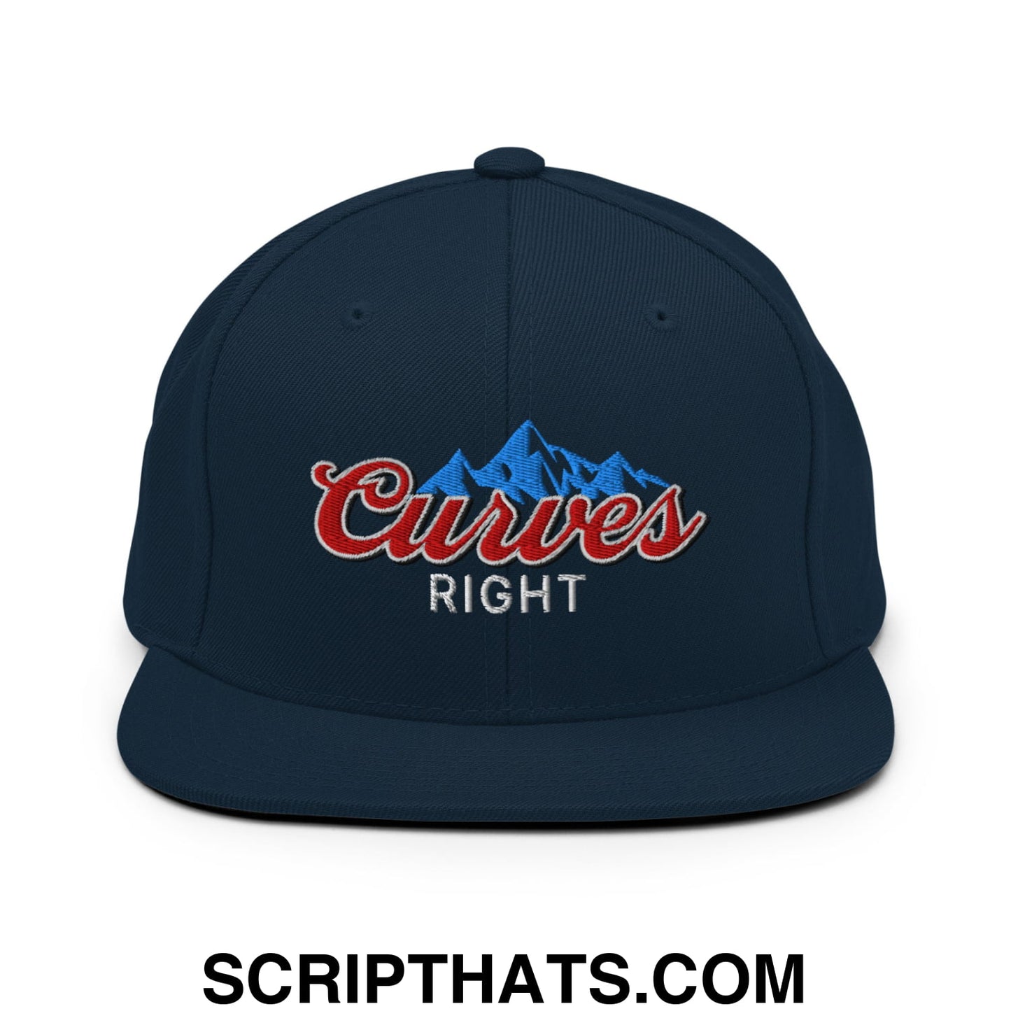 Curves Right Embroidered Flat Bill Brim Snapback Hat Dark Navy