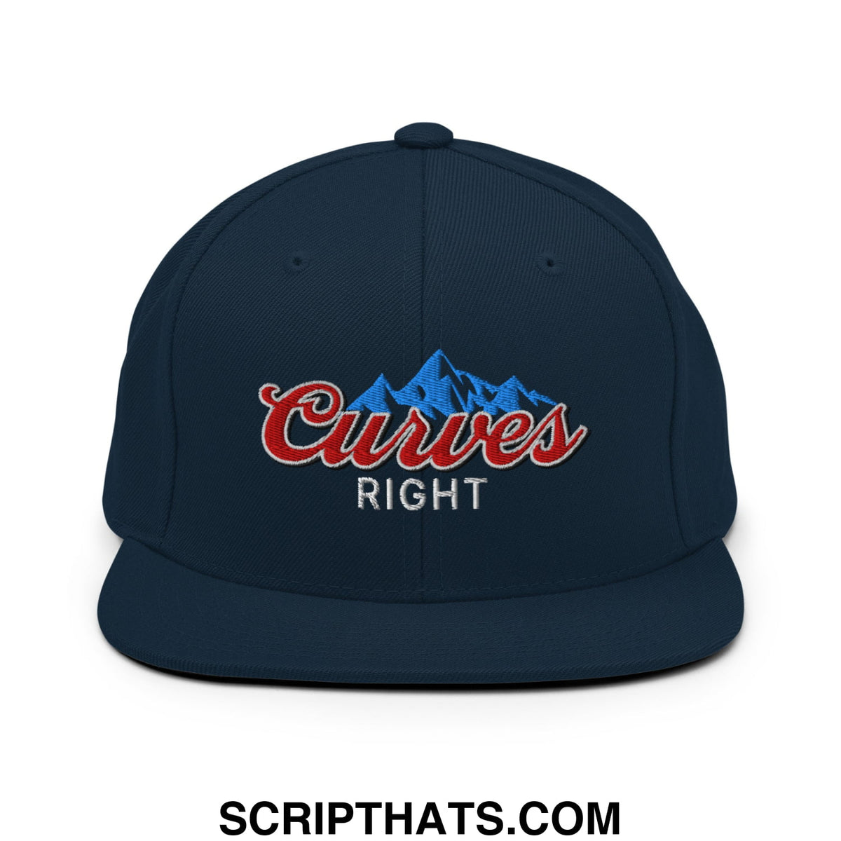Navy blue snapback hat with embroidered red and white curves right logo featuring mountain design on flat bill brim