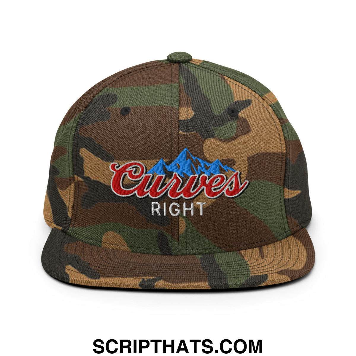 Camouflage snapback hat with embroidered curves right logo in red script and blue mountain graphic flat bill brim