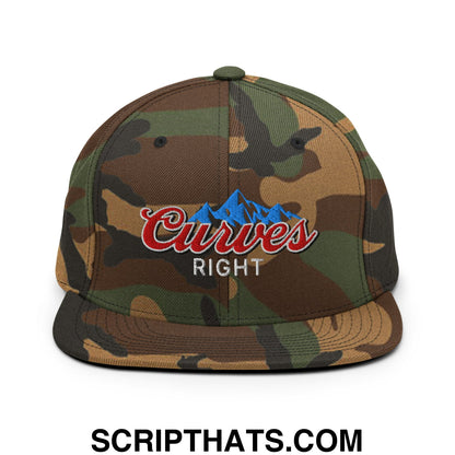 Curves Right Embroidered Flat Bill Brim Snapback Hat Green Camo