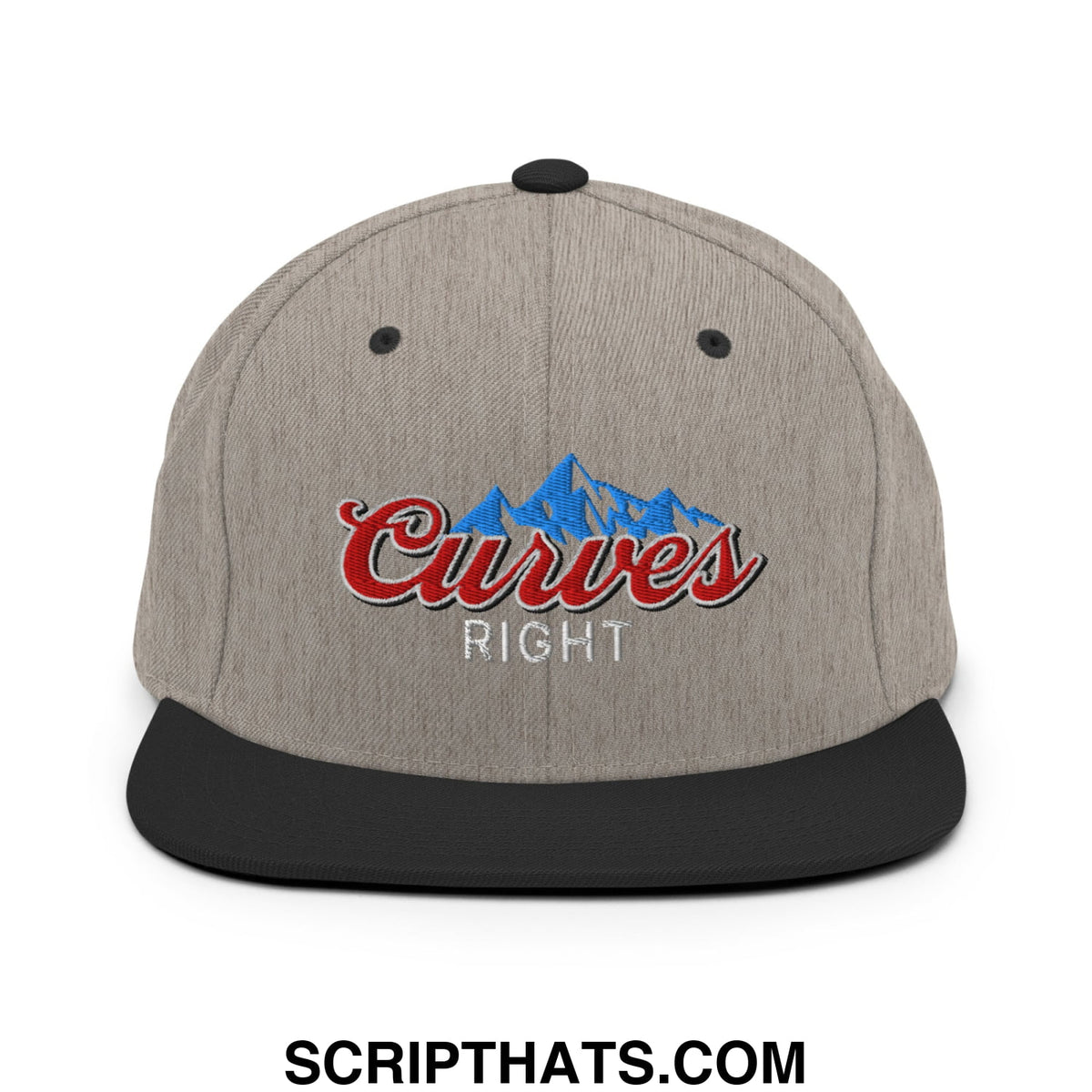 Gray heathered snapback cap with black brim and embroidered red curves right logo over blue mountain peaks