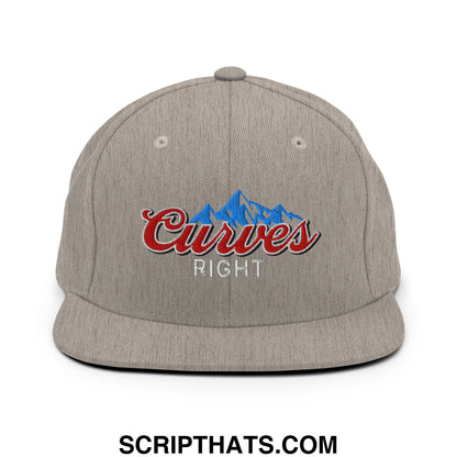 Gray snapback hat with embroidered curves right logo in red script and blue mountain peaks on the front panel
