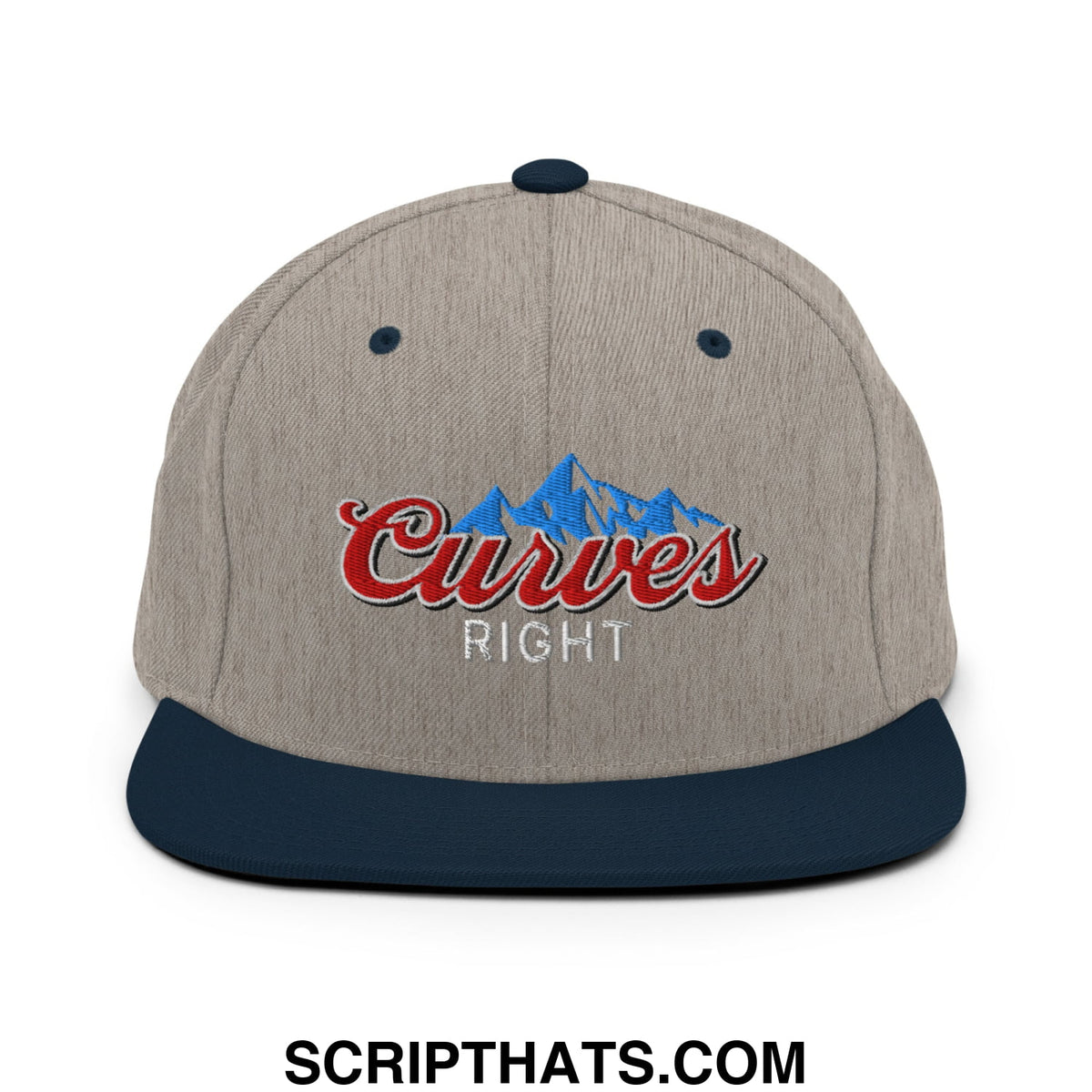Beige and navy blue snapback cap with embroidered curves right red script logo over a blue mountain design