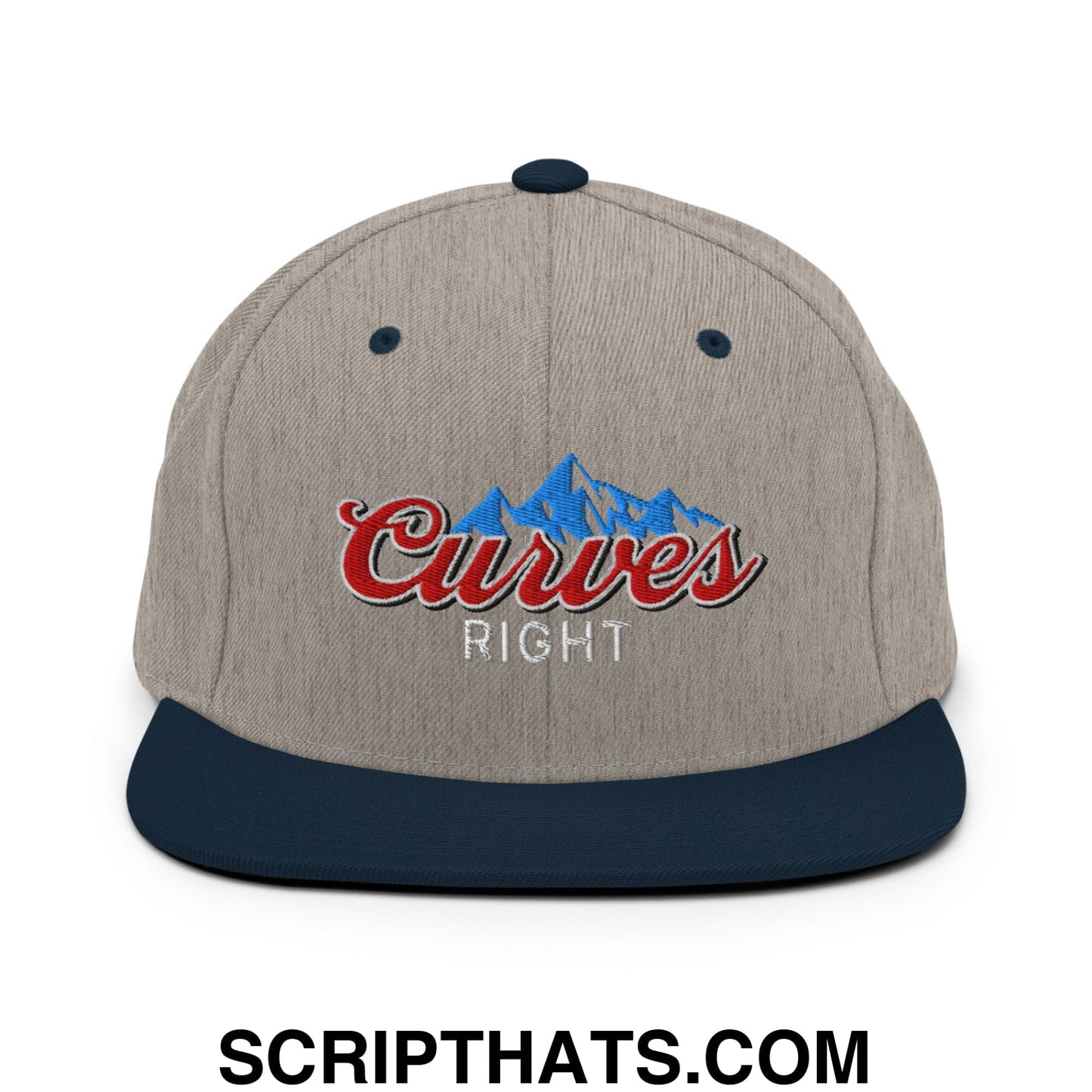 Curves Right Embroidered Flat Bill Brim Snapback Hat Heather Grey Navy