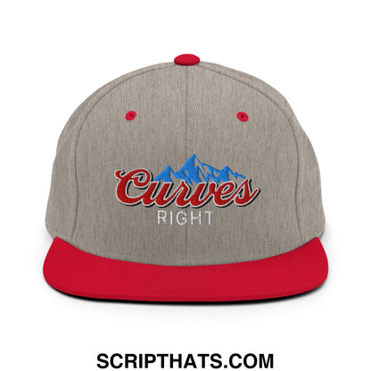 Gray and red snapback hat with embroidered curves right logo and blue mountains on flat bill brim