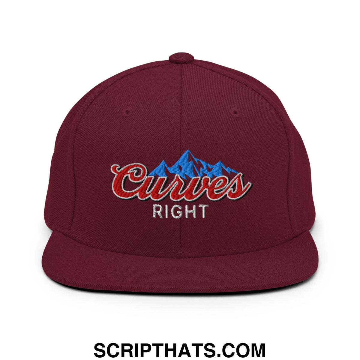 Maroon flat bill snapback hat with embroidered curves right logo in red cursive and blue mountain peaks