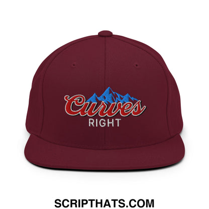 Maroon flat bill snapback hat with embroidered curves right logo in red cursive and blue mountain peaks