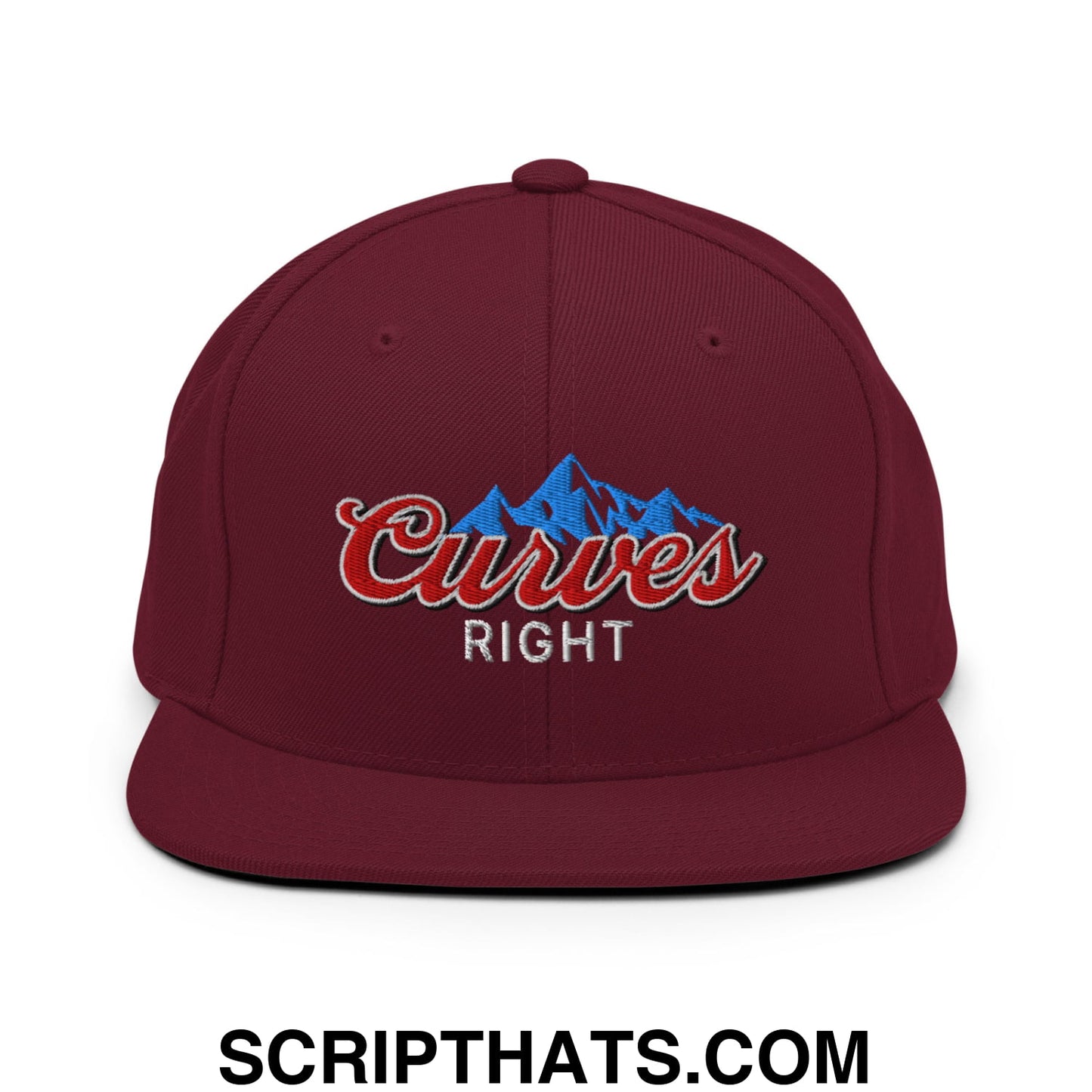 Curves Right Embroidered Flat Bill Brim Snapback Hat Maroon