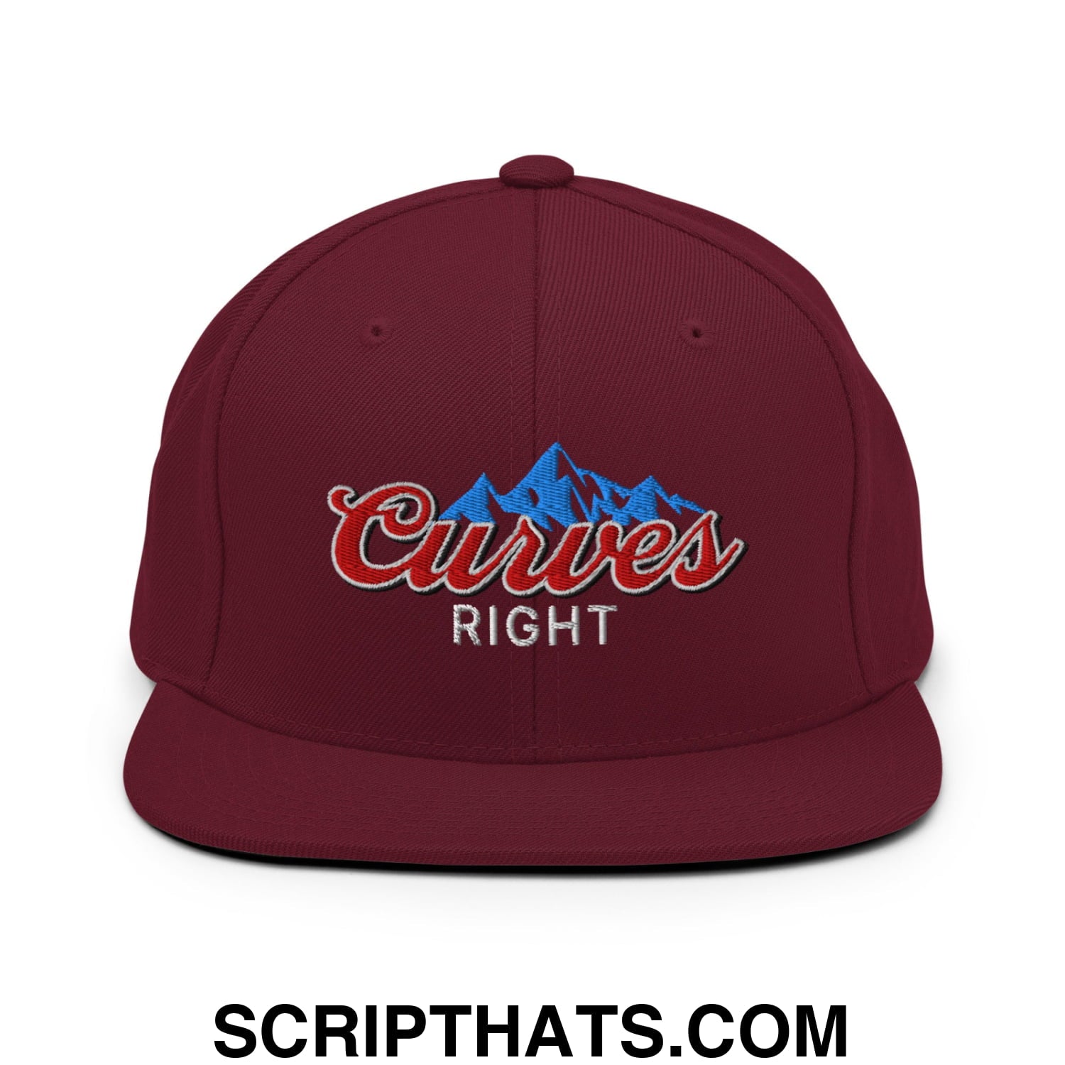 Curves Right Embroidered Flat Bill Brim Snapback Hat Maroon