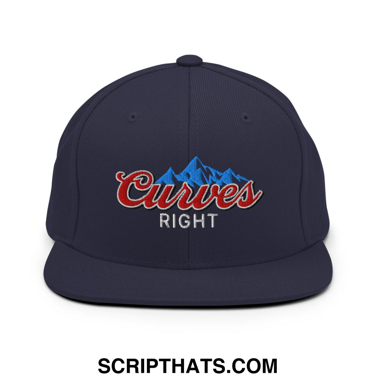Navy blue snapback cap with embroidered red and white curves right logo and blue mountain design flat bill brim