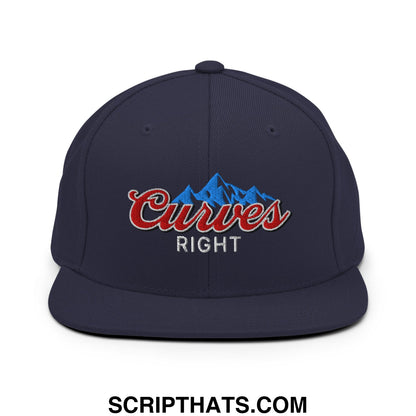 Navy blue snapback cap with embroidered red and white curves right logo and blue mountain design flat bill brim