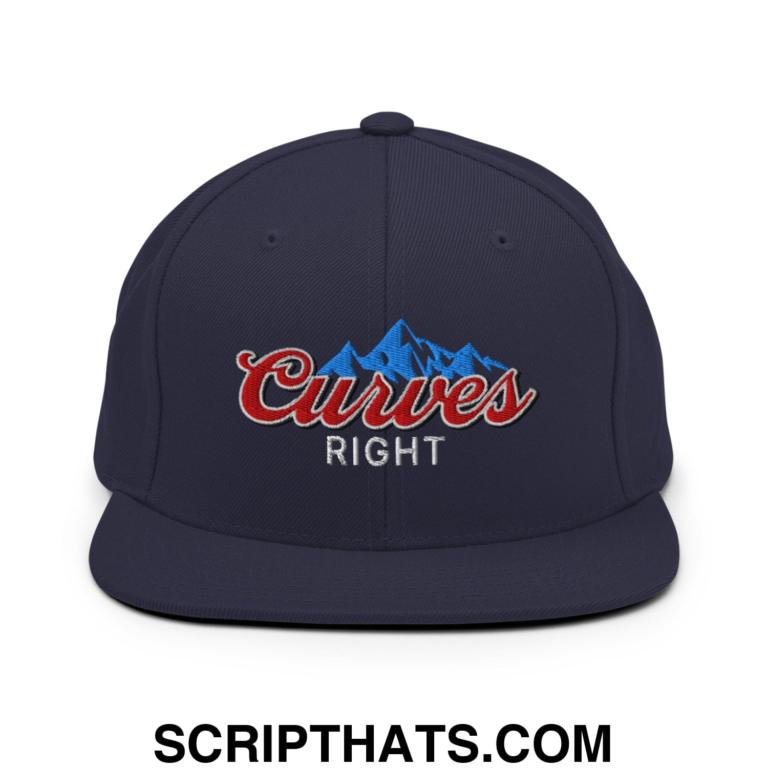Curves Right Embroidered Flat Bill Brim Snapback Hat Navy