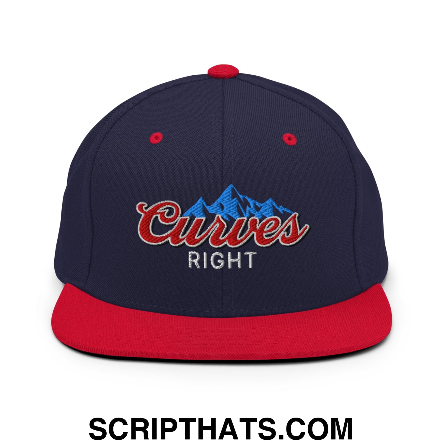 Curves Right Embroidered Flat Bill Brim Snapback Hat Navy Red