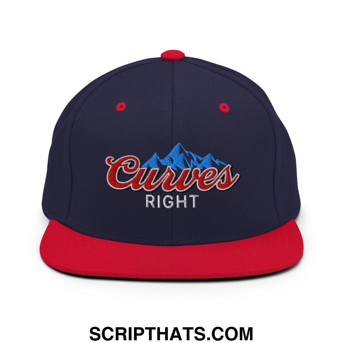 Navy blue and red snapback hat with flat bill brim and embroidered curves right mountain logo